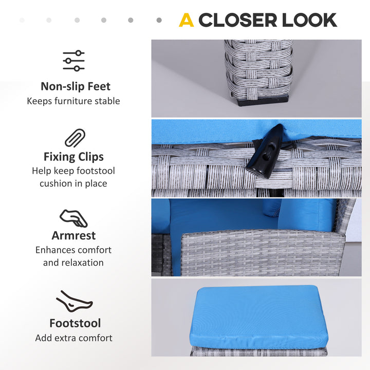 Outsunny 5 Pieces Wicker Patio Conversation Dining Furniture Set with Cushions, Table and Ottomans, Bright Blue