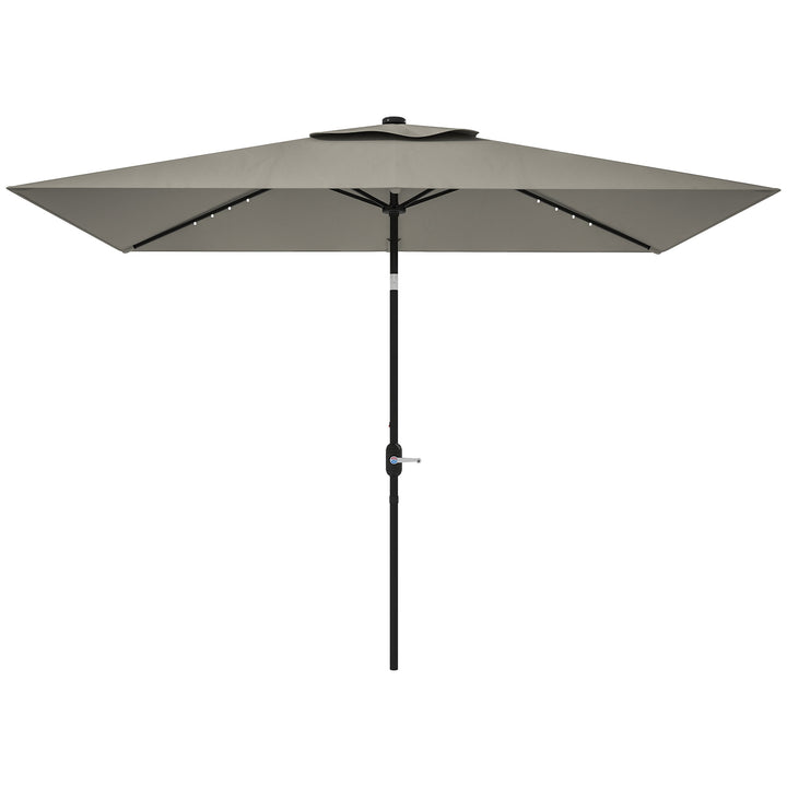 Outsunny 6' x 10' Patio Umbrella with 22 LED Solar Lights and Tilt, Rectangular Outdoor Table Umbrella with Crank, Dark Grey