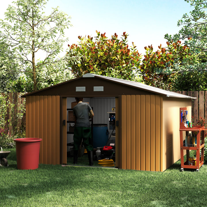 Outsunny 11' x 13'Garden Storage Shed w/ Foundation Kit Metal Tool Storage House w/ Double Doors Yellow