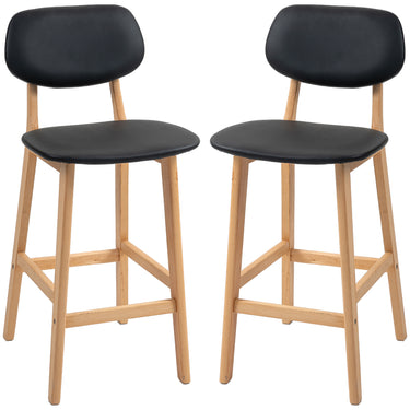 HOMCOM Bar Stools Set of 2, PU Leather Counter Height Barstools, Bar Chairs with Footrest, Solid Wood Legs, Natural and Black
