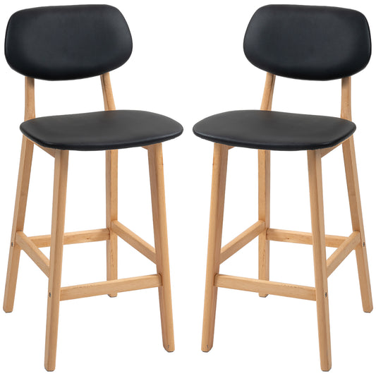 HOMCOM Bar Stools Set of 2, PU Leather Counter Height Barstools, Bar Chairs with Footrest, Solid Wood Legs, Natural and Black