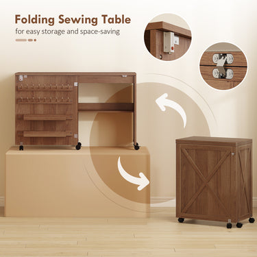 HOMCOM Sewing Machine Table on Wheels, Folding Craft Table with 2 Bins, Storage Shelf, 18 Pegs, Lockable Wheels, Brown