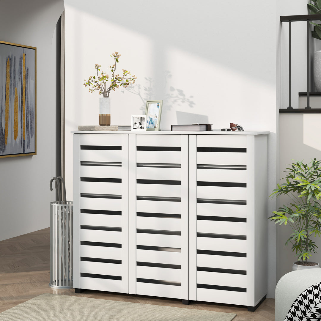 HOMCOM Narrow Shoe Cabinet with Slatted Doors, Adjustable Shelves for 20 Pairs of Shoes, Shoe Cabinet for Entryway, Dark Brown