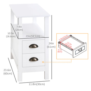 HOMCOM Slim End Table with 2 Drawers and Storage Shelf, Sofa Side Table for Living Room, Narrow Nightstand, White
