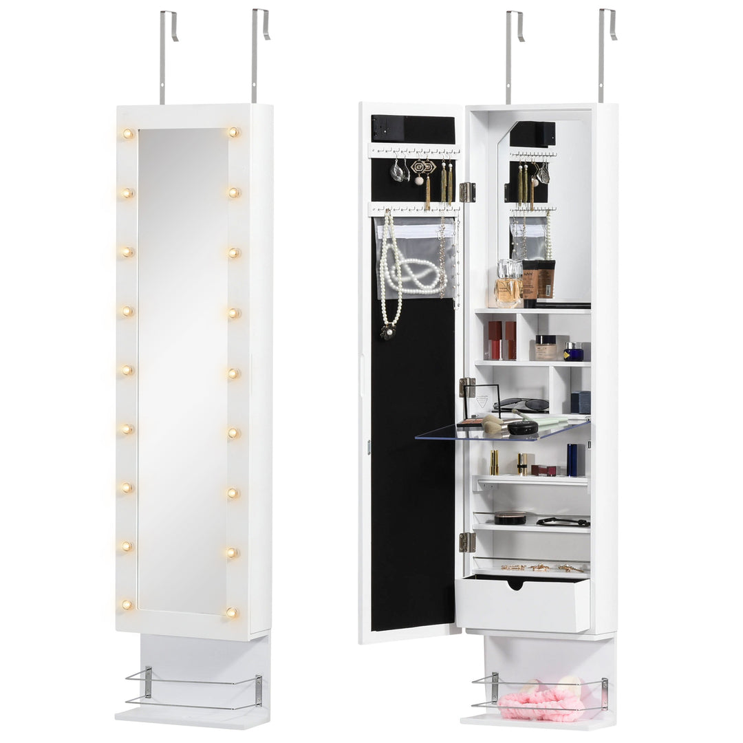HOMCOM Mirror Jewellery Cabinet Armoire, Jewellery Organizer with 18 LED Lights, Wall-Mounted and Over-The-Door Cabinet with 3 Mountable Heights, Drawer and Open Shelf, White