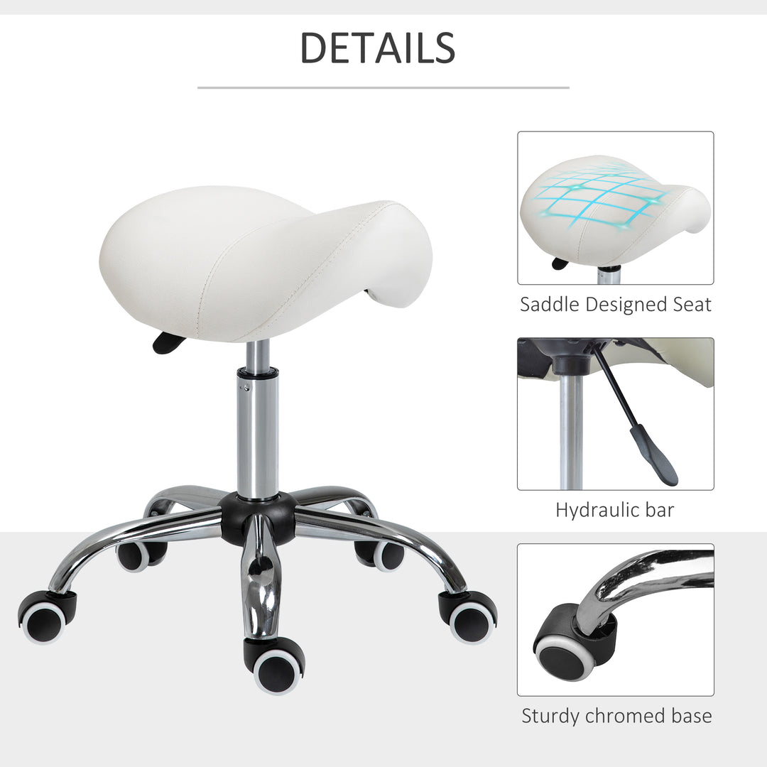 HOMCOM Cosmetic Stool 360° Rotate Height Adjustable Salon Massage Spa Chair Hydraulic Rolling Faux Leather Saddle Stool Mobility, Cream White