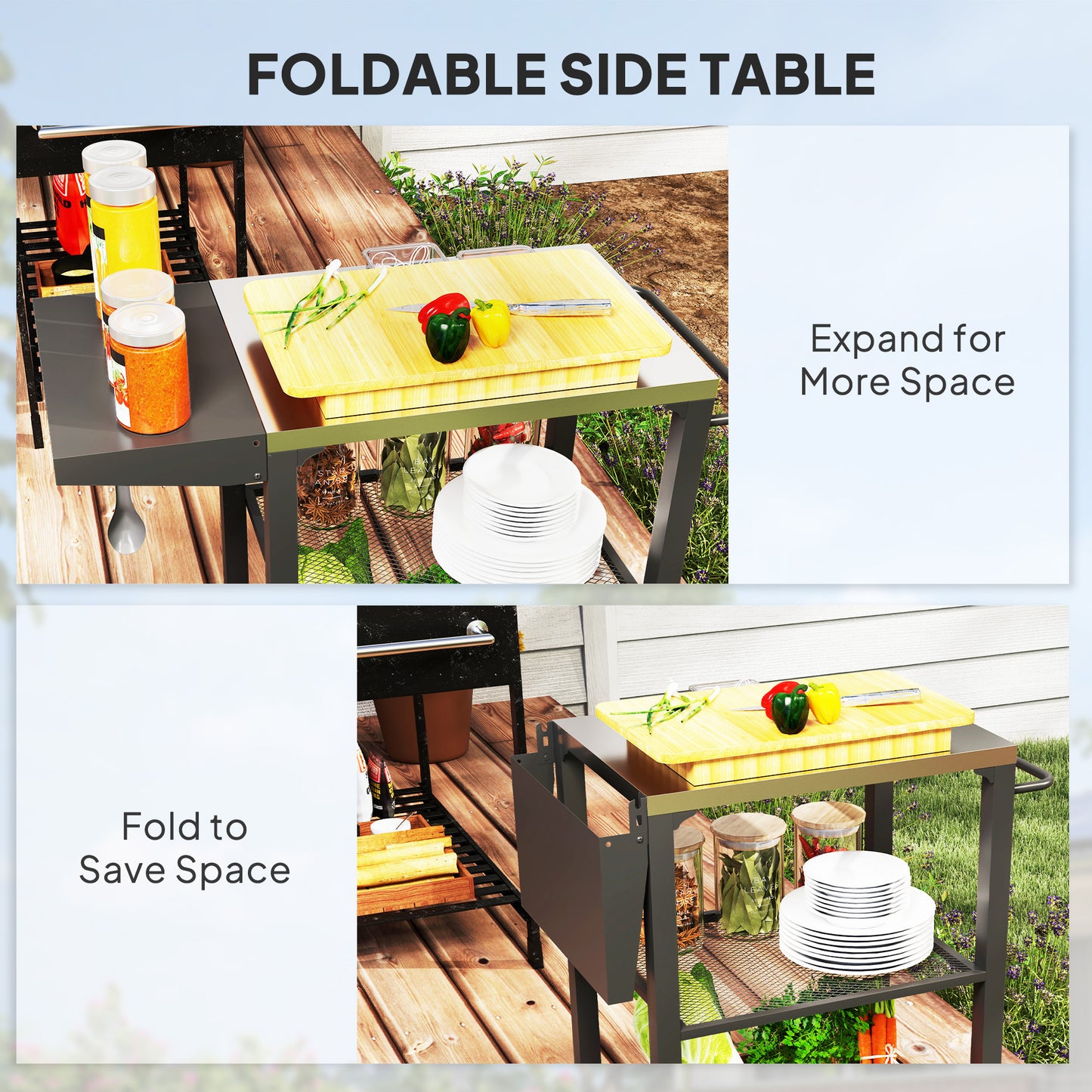 Outsunny 3-Shelf Outdoor Grill Cart Table with Foldable Side Table and Stainless Steel Table Top, Pizza Oven Stand on Wheels