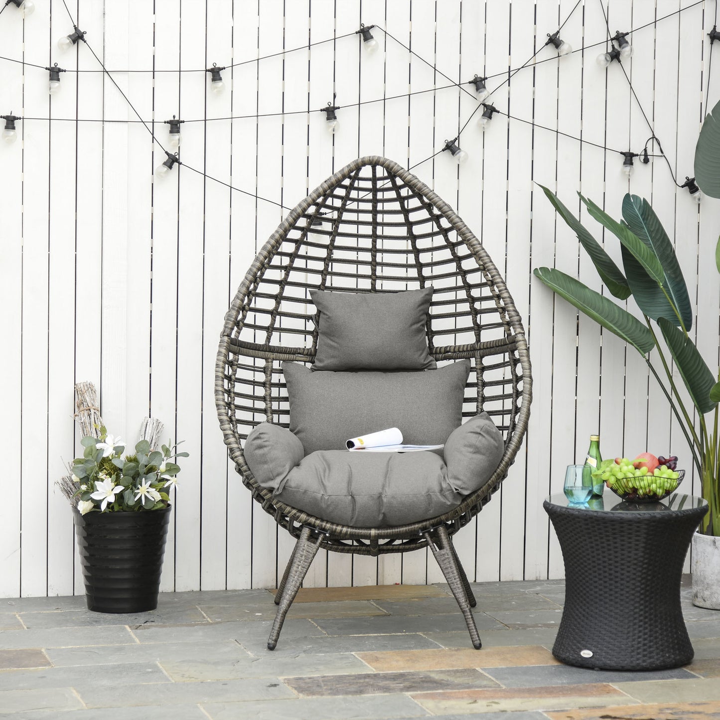 Outsunny Wicker Egg Chair with Trapezoidal Cushion 352lbs Capacity Rattan Egg Chair for Backyard Garden Coffee Brown