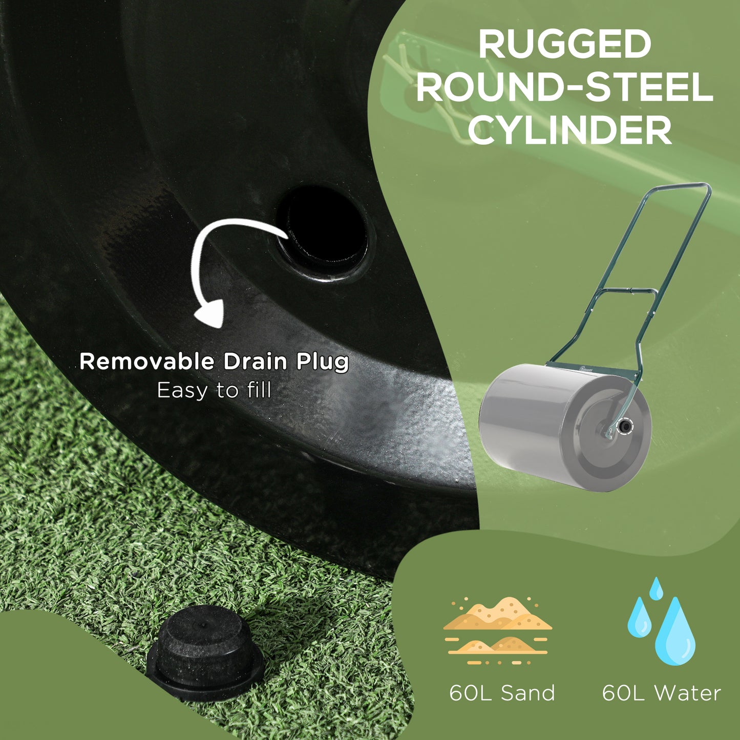 Outsunny 22" Push/Tow Behind Lawn Roller, Heavy Duty Sod Drum Roller Filled with 12 Gal Water/Sand, Grass Flattener for Yard, Patio, Park, Black