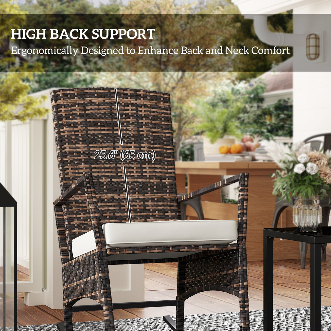 Outsunny 3 Piece Rocking Bistro Set, Wicker Patio Furniture with 3-Level Reclining High Back Rocking Chair and Glass Table, White