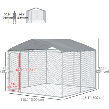 PawHut Dog Kennel Outdoor Run Fence with Roof, Steel Lock, Mesh Sidewalls for Backyard & Patio, 9.8' x 9.8' x 7.7'