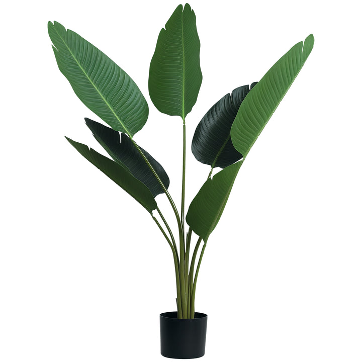 Outsunny 4FT Artificial Bird of Paradise Plant, Fake Tropical Palm Plant with 7 Banana Leaves in Pot, Faux Plant for Indoor , Green
