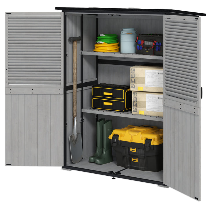Outsunny Outdoor Storage Cabinet, Wood Garden Shed with Steel Frame, Asphalt Roof, 2 Shelves and Lockable Doors, Grey