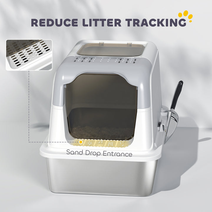 PawHut Extra Large Stainless Steel Litter Box, Enclosed Kitty Litter Box for Big Cats with Scoop, Deodorizer Bag