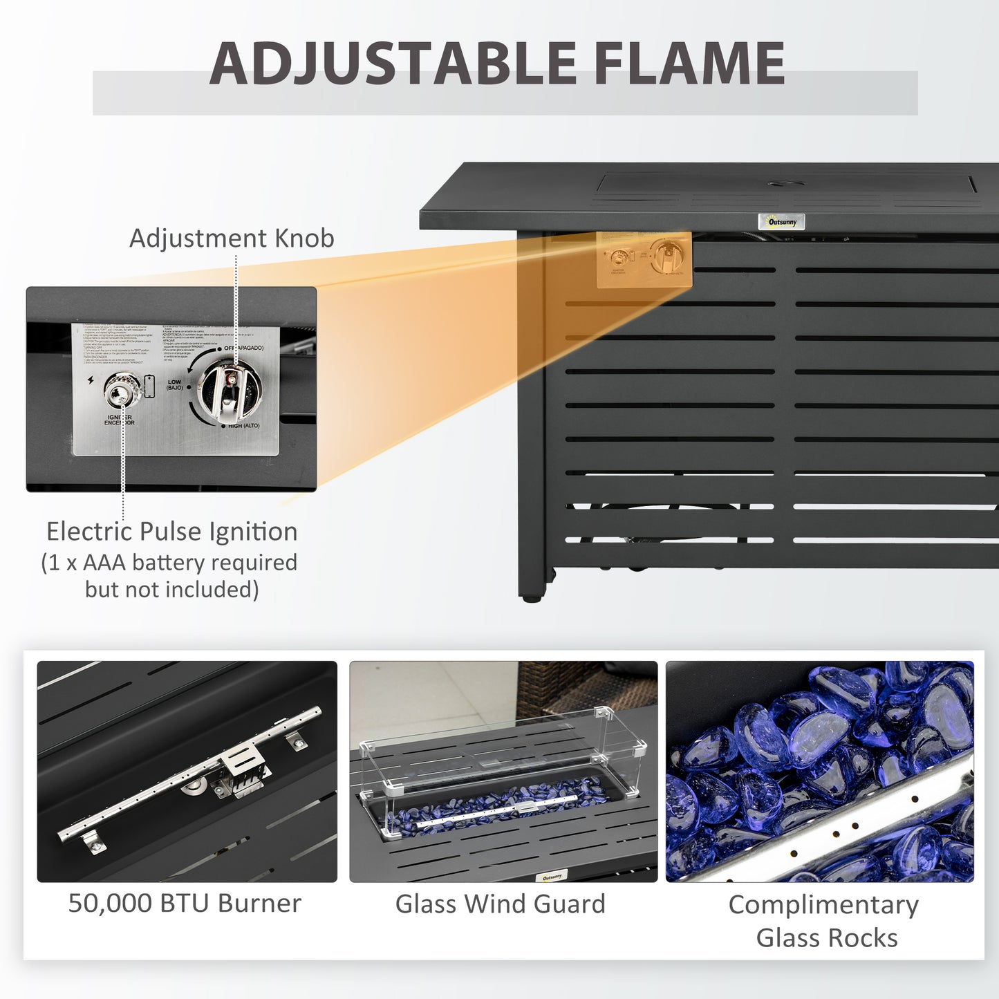 Outsunny Propane Gas Fire Pit Table, Outdoor Firepit with 43" Steel Tabletop and Lid, 50,000 BTU Pulse Ignition Fire Table w/ Stainless Steel Burner, Glass Wind Guard, and Cover