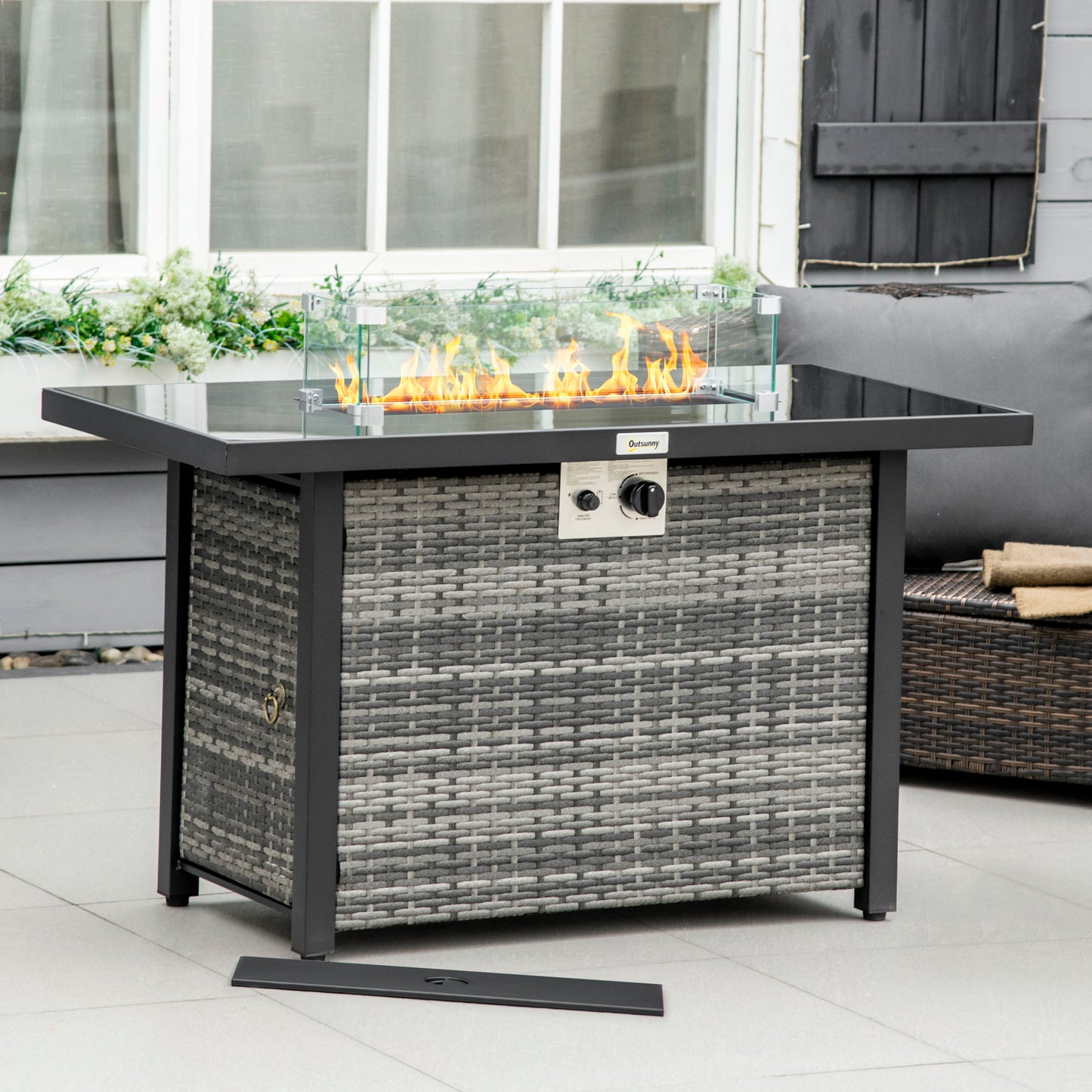 Outsunny Propane Fire Pit Table 43in Outdoor Fire Table, 50,000 BTU Pulse-Ignition Wicker Firepit Furniture with Glass Wind Guard, Blue Glass Rock, CSA Certification, Black