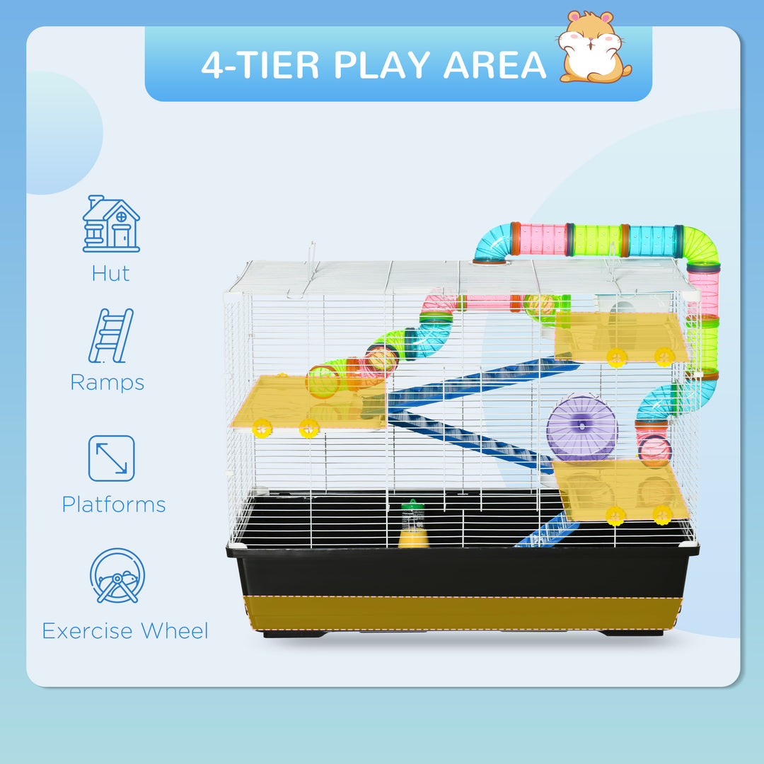 PawHut 31" Large Hamster Cage, Small Animal House, Multi-storey Gerbil Haven, Tunnel Tube System, with Water Bottle, Exercise Wheel, Food Dish, Ramps, White