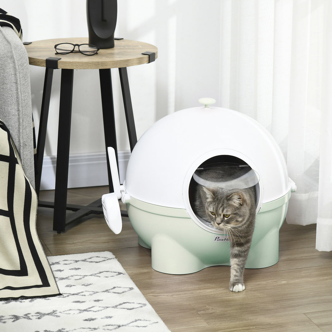 PawHut Enclosed Cat Litter Box, Large Kitty Litter Box with Lid, Scoop, Leaking Sand Pedal, Top Handle, Light Green