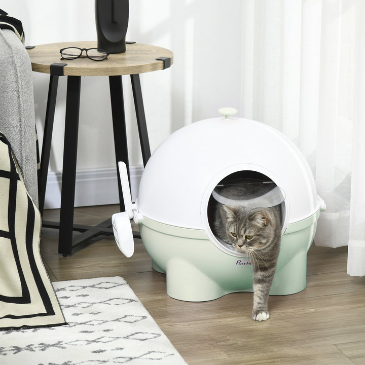 PawHut Enclosed Cat Litter Box, Large Kitty Litter Box with Lid, Scoop, Leaking Sand Pedal, Top Handle, Light Green