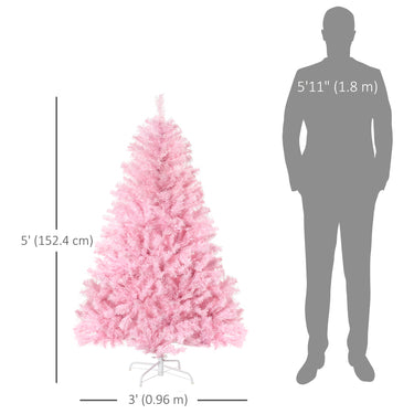 HOMCOM 5' Artificial Pink Christmas Tree with Auto Open, Steel Base, Wide Shape for Indoor Xmas Decoration