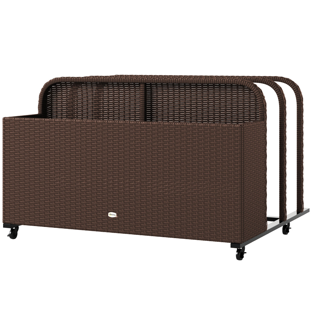 Outsunny Rolling Pool Storage Rattan Patio Furniture Outdoor Storage Wicker Organizer for Floats, Paddles, Balls, Towels, Brown