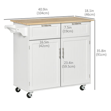 HOMCOM Rolling Kitchen Island with Storage Drawers, Kitchen Cart with Rubber Wood Top, Cabinet & Towel Rack, White