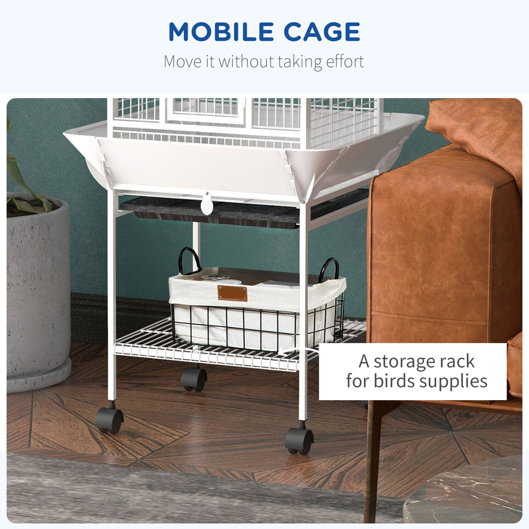 PawHut 61.5 Inch Bird Cage Parakeet House for Cockatiel with Stand, Pull Out Tray, Play Top, Storage Shelf, Wood Perch, Food Container