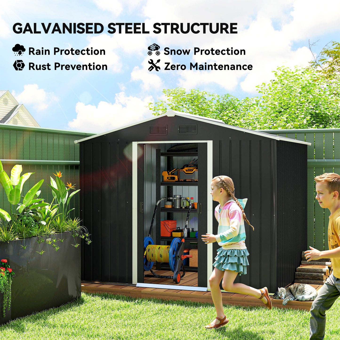 Outsunny 8' x 6' Outdoor Storage Shed, Metal Garden Tool Storage House with Lockable Sliding Doors and Vents for Backyard Patio Lawn, Charcoal Grey