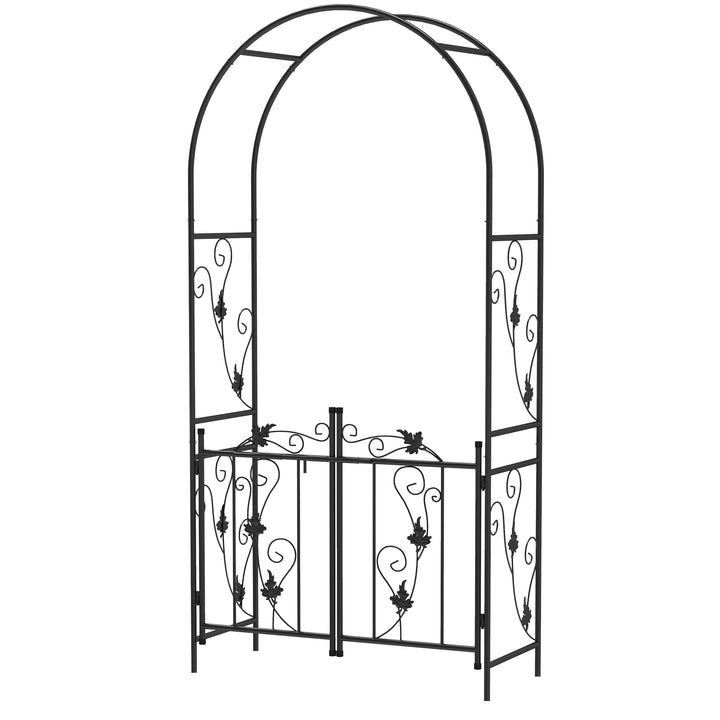Outsunny 7ft Steel Garden Arch with Gate, Garden Arbor Trellis for Climbing Plants, Roses, Vines, Wedding Arch for Outdoor, Garden, Lawn, Backyard, Black