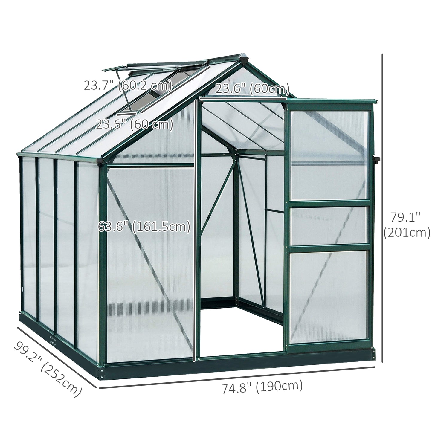 Outsunny 6' x 10' x 6.6' Polycarbonate Greenhouse, Walk-In Green House Kit Garden, Plants Grow, Galvanized Sheet Aluminum Frame with Rain Gutter, Vents and Sliding Door, Green
