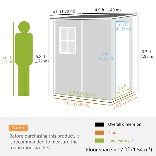 Outsunny 4'x5' Garden Tool Storage Shed, Lean to Shed with Window, Vent and Plastic Roof, Grey