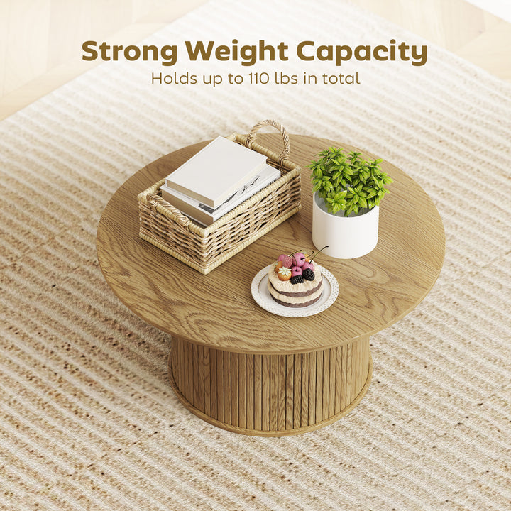 HOMCOM 31.5" Round Coffee Table, Nordic Style Center Table with Fluted Cylindrical Base for Living Room, Oak