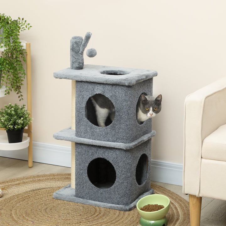 PawHut 31.5" Cat Tree, Multi-Level Cat Tower with 2 Condos and Soft Plush Perches for 1-2 Cats, Grey