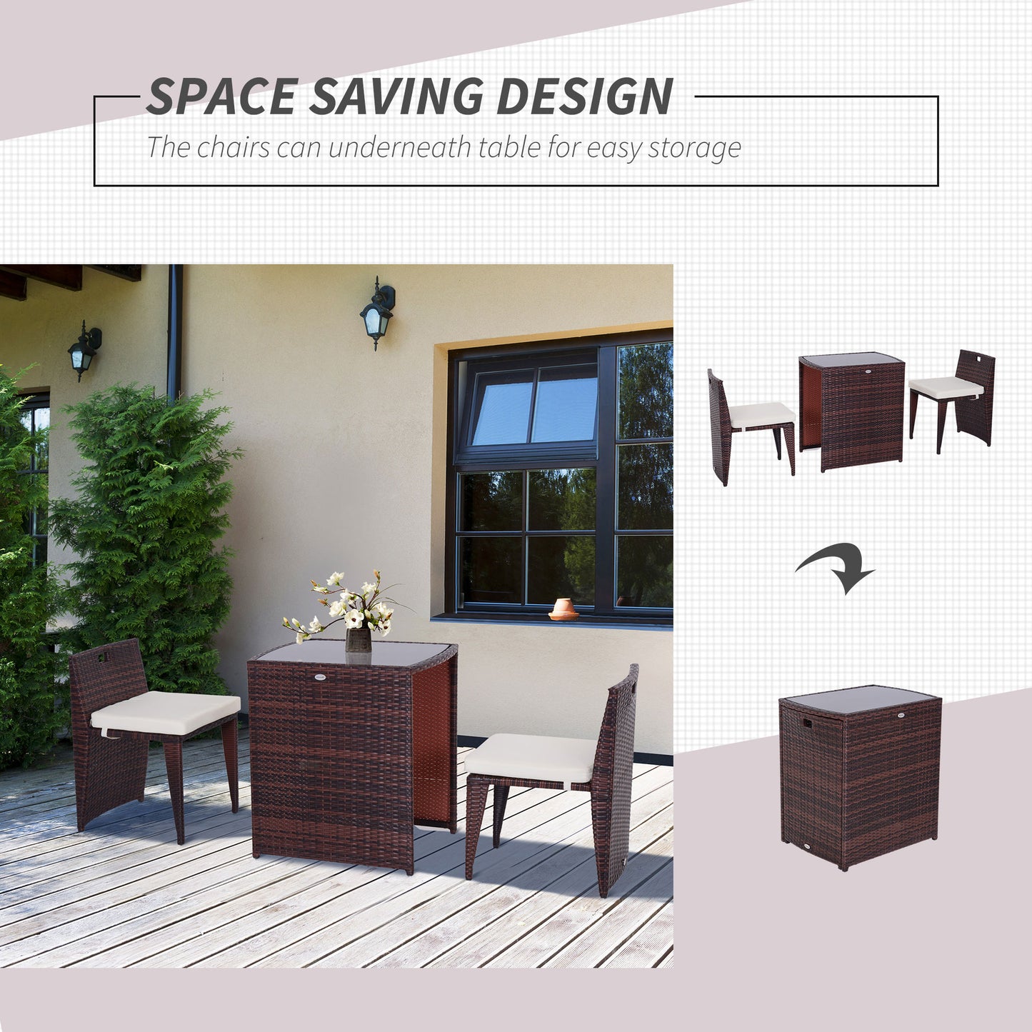 Outsunny 3 Pieces Wicker Patio Dining Set Outdoor Furniture Set with Removable Cushions, Glass Top Dining Table, PE Rattan Conversation Set for Garden Poolside, Cream White