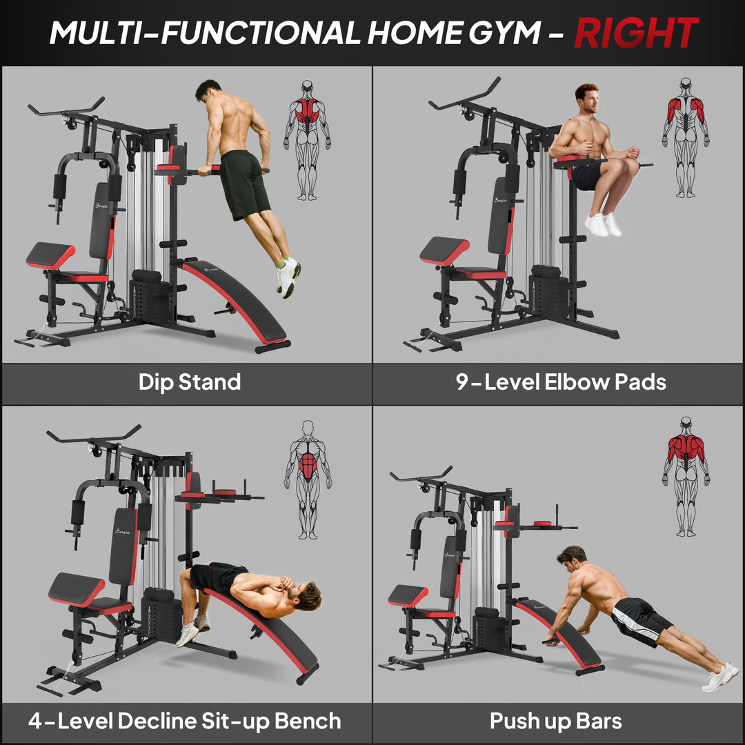 Soozier Multi Home Gym Equipment, Workout Station with Sit up Bench, Push up Stand, Dip Station, 99lbs Weights