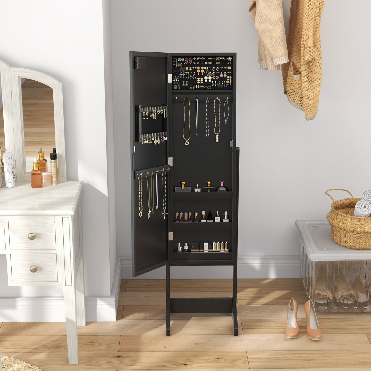 HOMCOM Free Standing Armoire Organizer, Lighted Mirrored Jewelry Cabinet w/ Angle Adjustable & 16 LED Lights Warm White