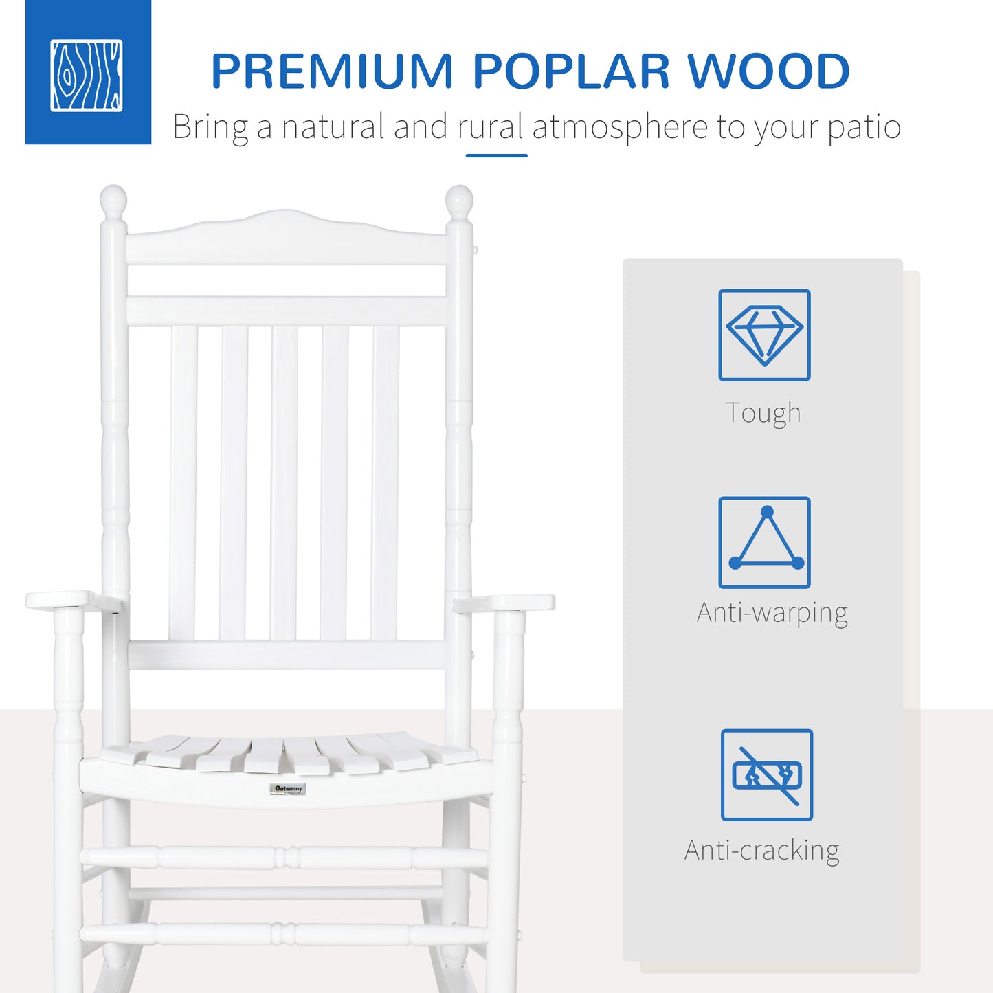 Outsunny Wooden Outdoor Rocking Chair, Patio Rocking Chair with Slatted High Back and Armrests for Porch, Garden, Lawn, White