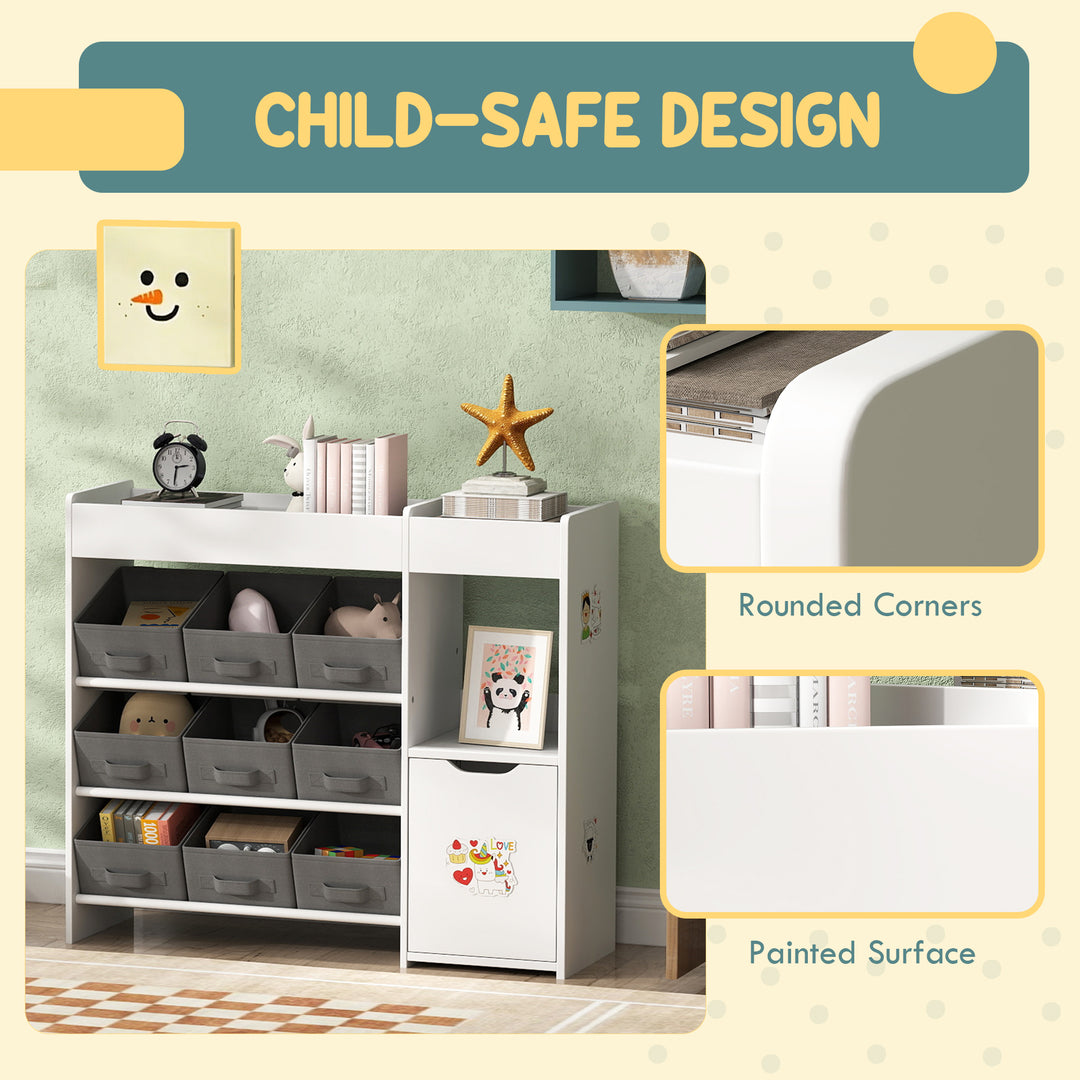 Qaba Toy Storage Organizer with 9 Non-Woven Fabric Boxes, Storage Cabinet & Shelves, for Kids Room, Nursery, Playroom, White