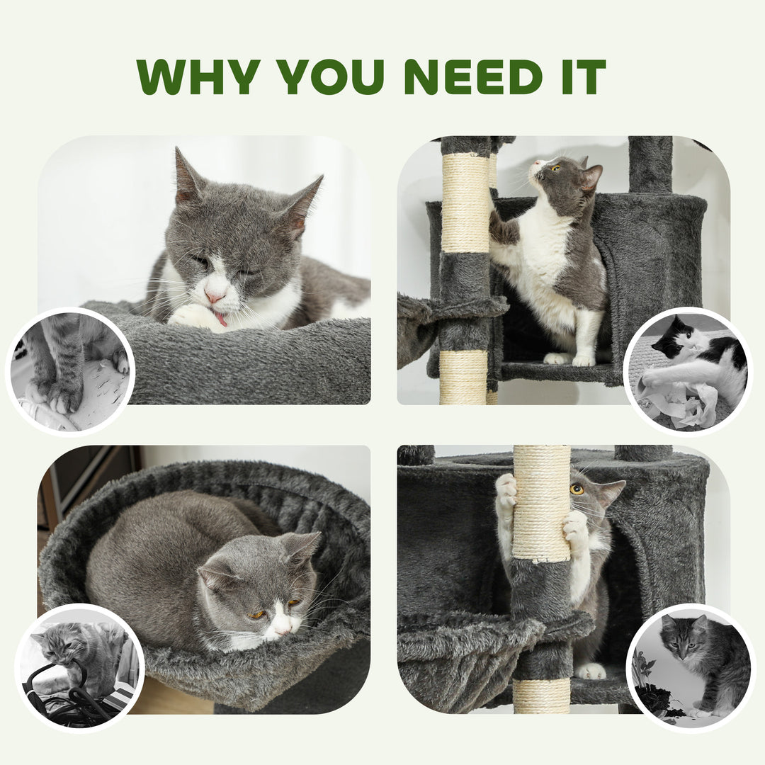 PawHut 52.5" Cat Tree Tower with Scratching Posts, Cat Condos, Bed, Platforms, Hammocks, for Indoor Cats, Dark Grey