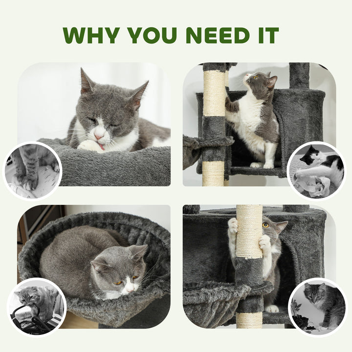 PawHut 52.5" Cat Tree Tower with Scratching Posts, Cat Condos, Bed, Platforms, Hammocks, for Indoor Cats, Dark Grey