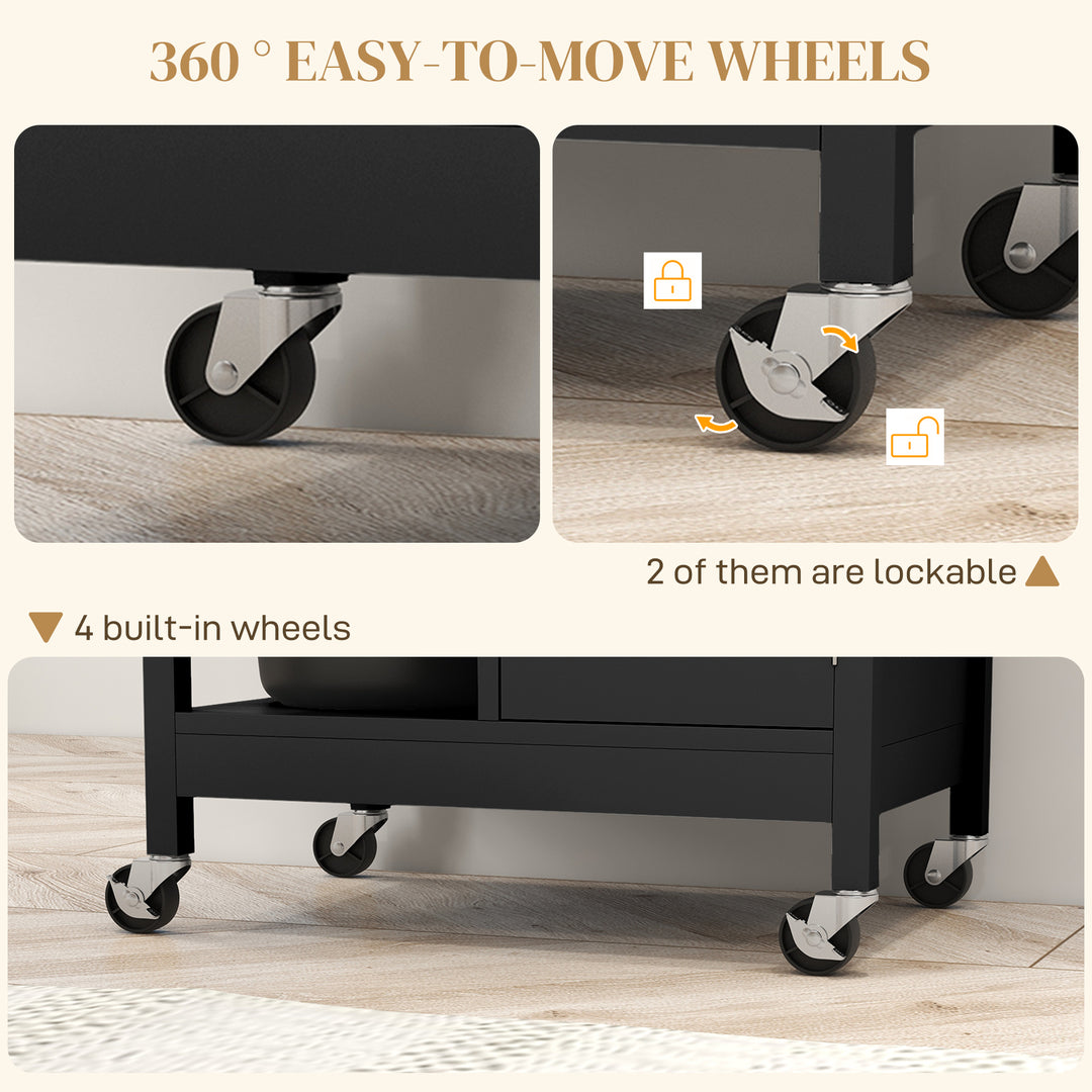 HOMCOM Modern Rolling Kitchen Island Cart with Drawer, Natural Wood Top, Towel Rack, Door Storage Cabinet, Black