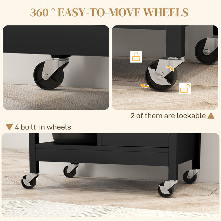 HOMCOM Modern Rolling Kitchen Island Cart with Drawer, Natural Wood Top, Towel Rack, Door Storage Cabinet, Black