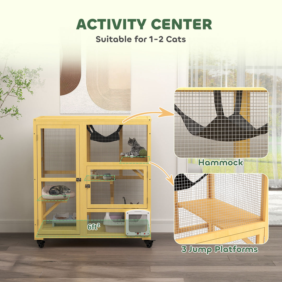 PawHut Cat Condo Wooden Indoor Cat House on Wheels with Cat Flap Door Platforms Hammock Openable Top for 2 Cats, Light Grey