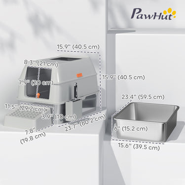 PawHut Stainless Steel Cat Litter Box with Lid, High Sided, Scoop, Easy Clean, Non-Sticky & Anti-Leakage, Light Grey