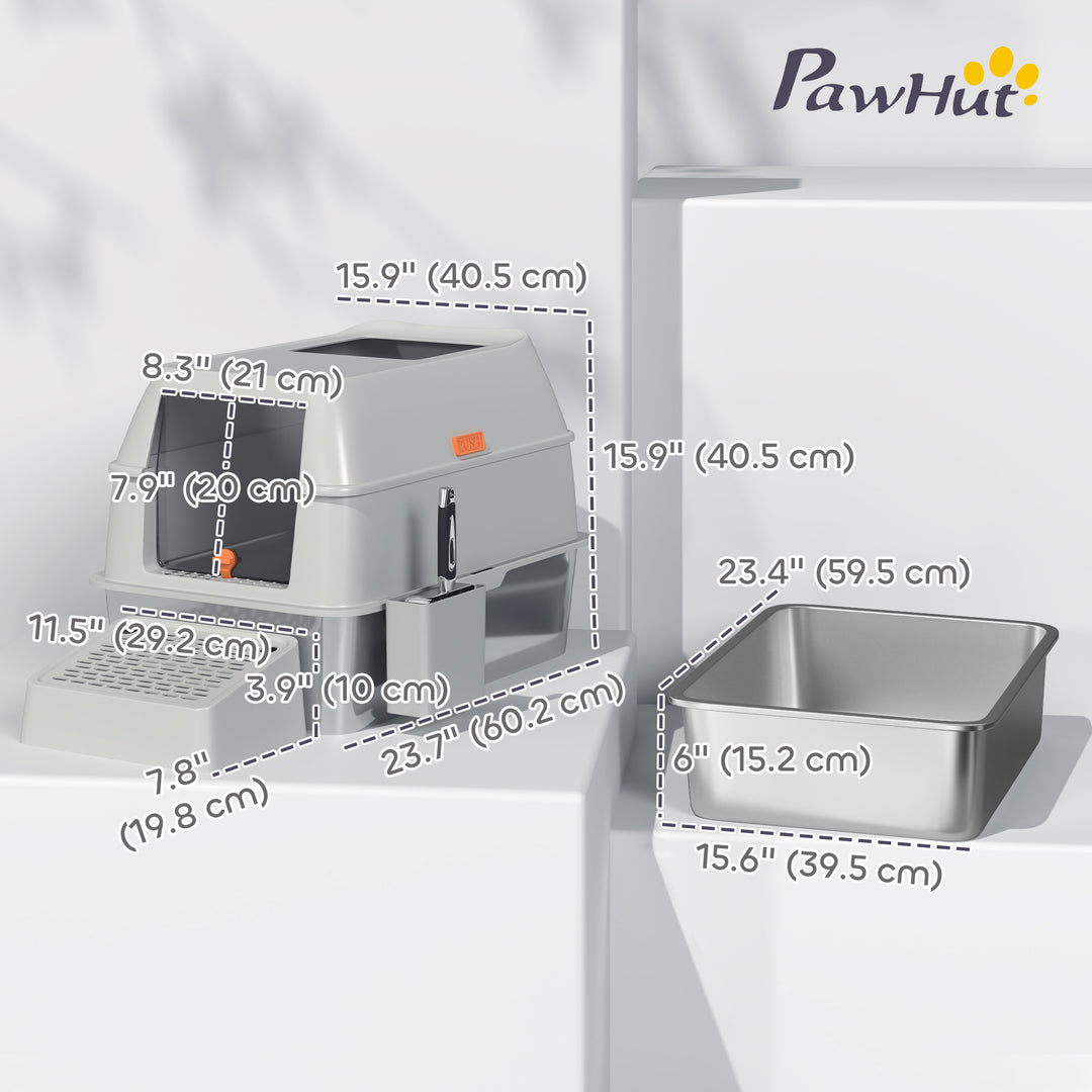 PawHut Stainless Steel Cat Litter Box with Lid, High Sided, Scoop, Easy Clean, Non-Sticky & Anti-Leakage, Light Grey