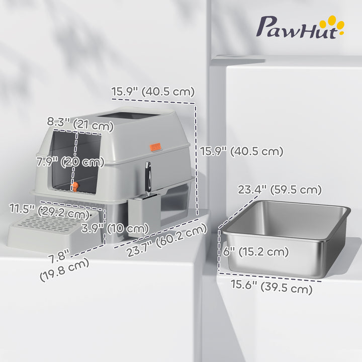 PawHut Stainless Steel Cat Litter Box with Lid, High Sided, Scoop, Easy Clean, Non-Sticky & Anti-Leakage, Light Grey