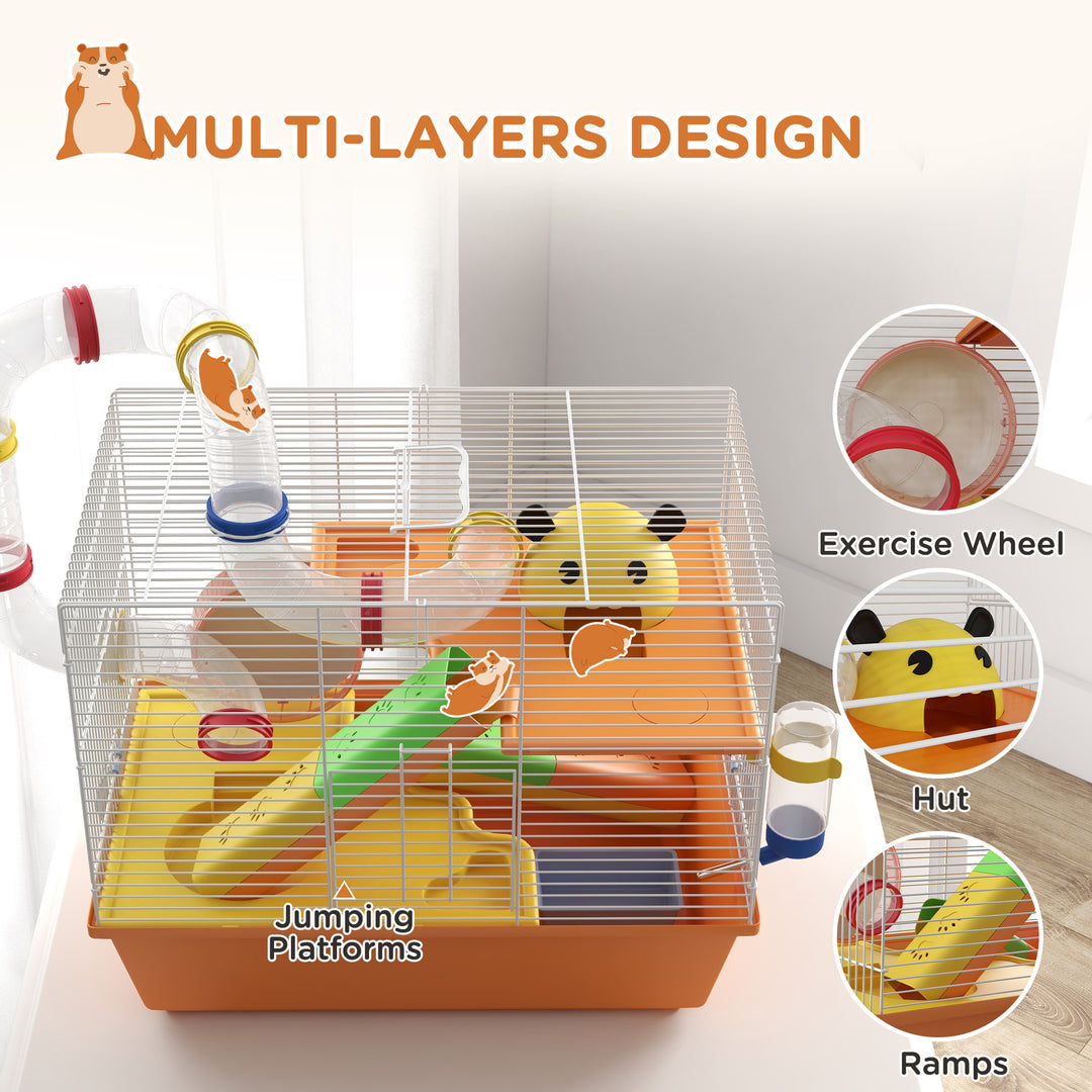 PawHut 3 Tiers Hamster Cage for Gerbil, Dwarf Hamster with Tunnels, Water Bottle, Exercise Wheel, 18" x 11" x 15" - Orange