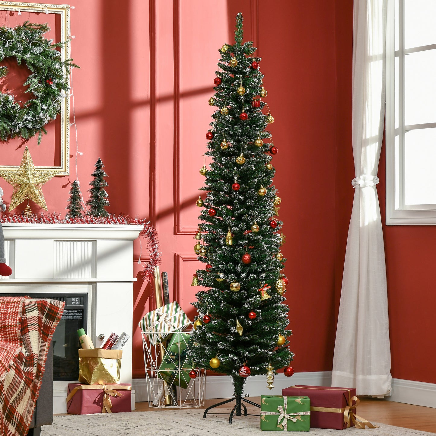 HOMCOM 6FT Artificial Snow Dipped Christmas Tree Xmas Pencil Tree Holiday Home Indoor Decoration with Foldable Black Stand, Green