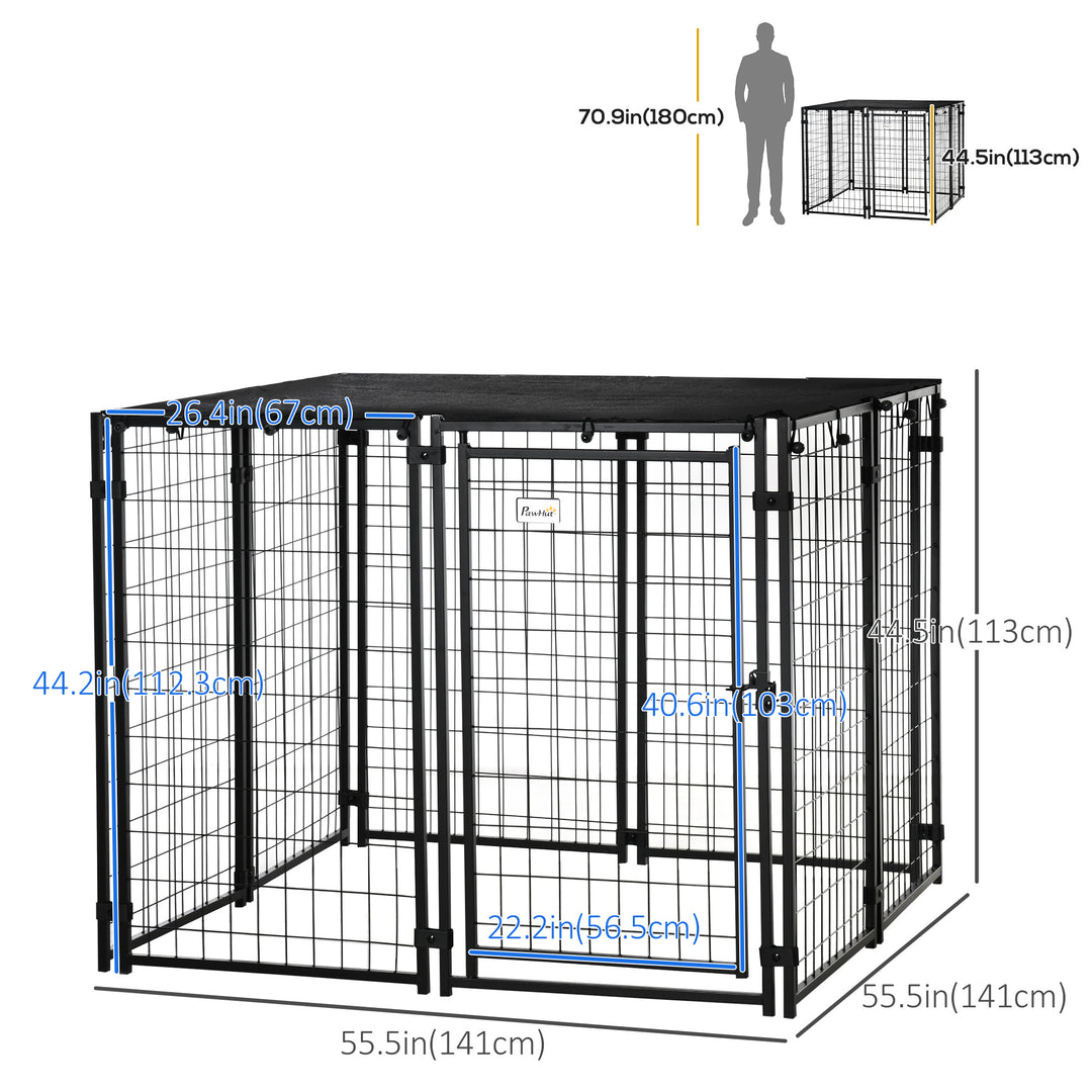 PawHut Outdoor Dog Kennel, Lockable Pet Playpen Crate with Top Cover, Black
