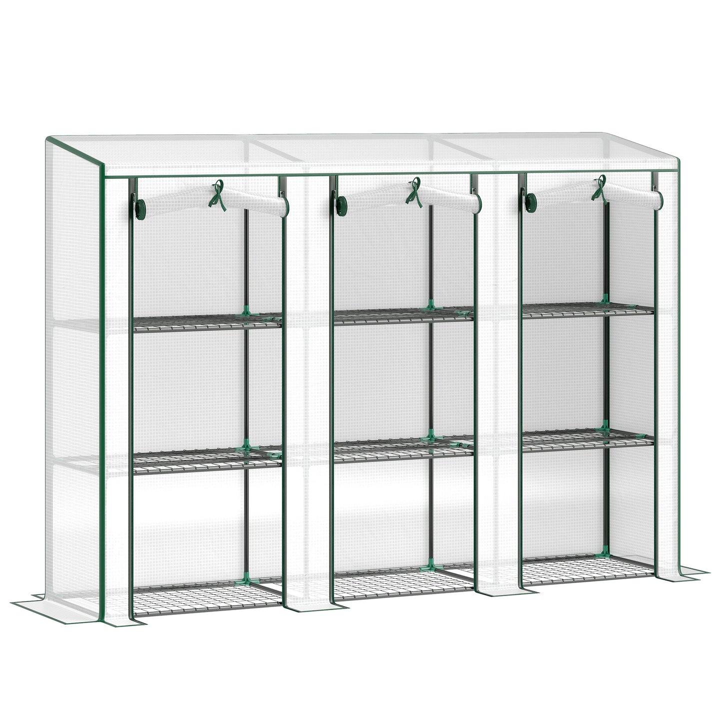 Outsunny Lean-to Greenhouse with 3 Tier Shelves, Mini Greenhouse with 3 Roll-Up Doors for Indoor Outdoor, Green